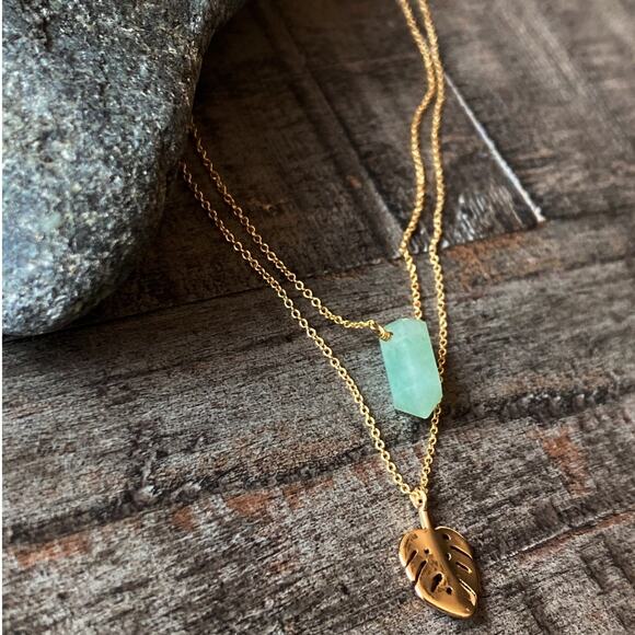NEW Free People x Luna Norte Green Aventurine & Leaf Layer Necklace - Picture 8 of 15